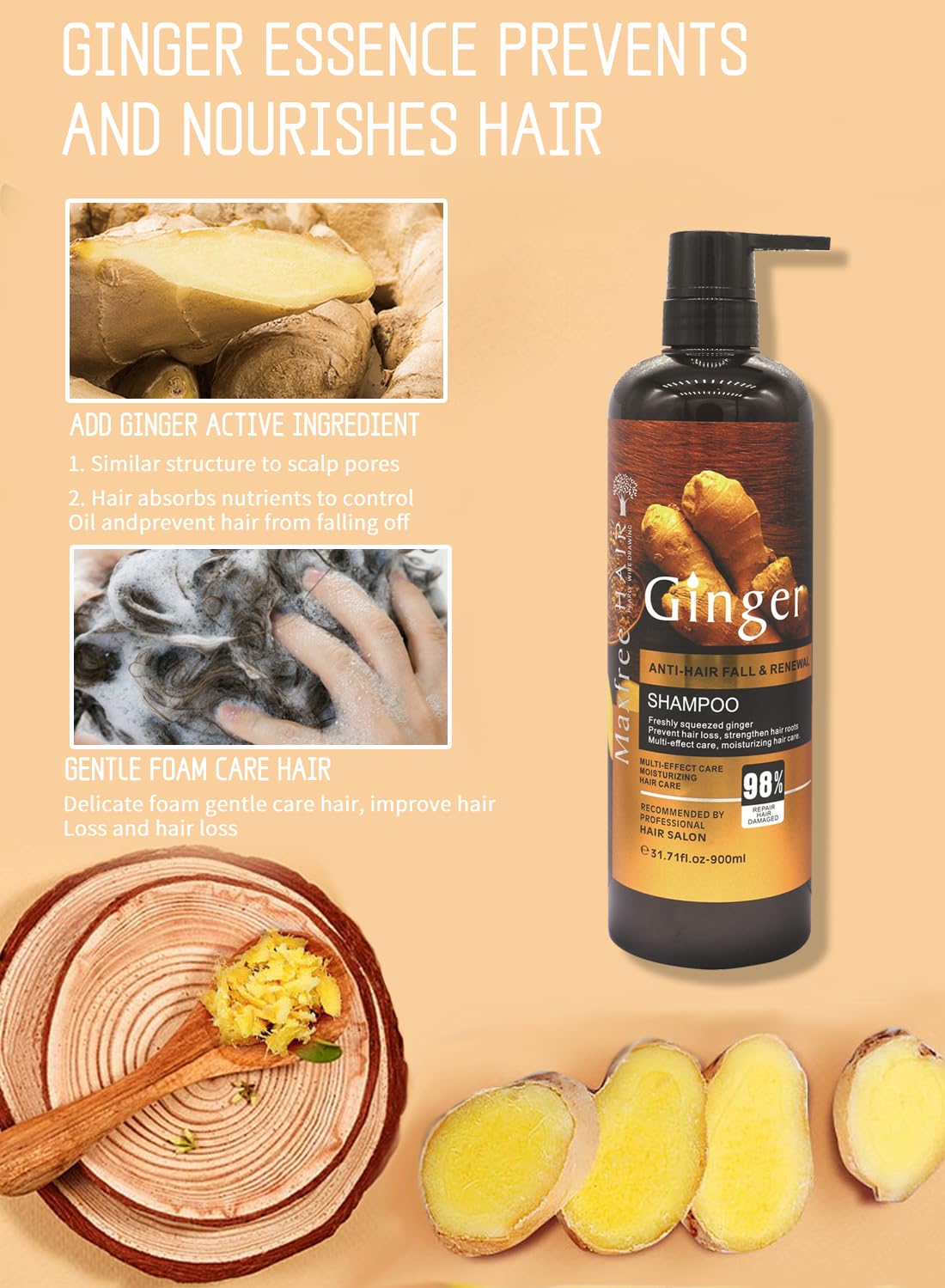 Shampoo with Ginger, Deep Cleansing Moisturizing Refreshing Oil Control Hair Loss Shampoo, Hair Growth Shampoo for Thinning Hair & Hair Loss, Hair Loss Treatment 900ml