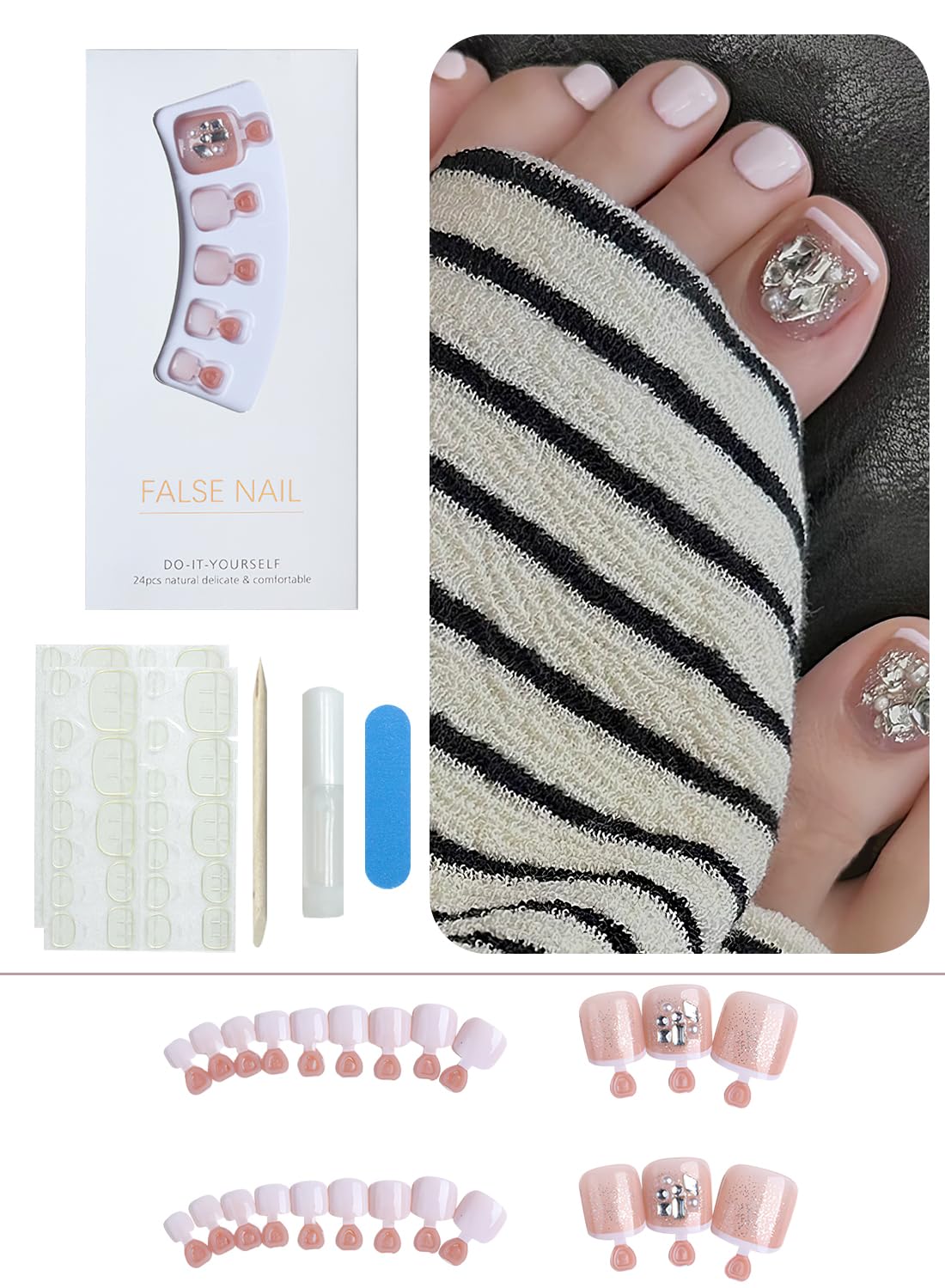 24Pcs Press on Toenails Short, Long Lasting Fake Toe Nails Full Cover, False Toenails for Feet for Summer Nail Art with Nail File Nail Stick & 72 Pcs Nail Adhesive Glue