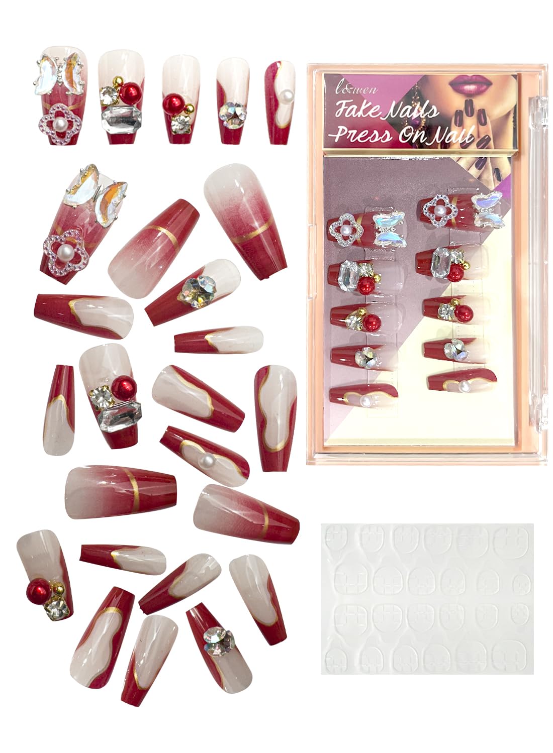 24Pcs Press on Nails, Long Lasting Chip-Free Press Ons Square for Gift, Nails Tip Set for Salons and DIY with 36Pcs Nail Adhesive Glue Tapes for Women