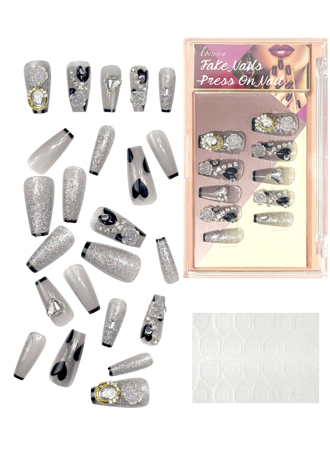 24Pcs Press on Nails, Long Lasting Chip-Free Press Ons Square for Gift, Nails Tip Set for Salons and DIY with 36Pcs Nail Adhesive Glue Tapes for Women