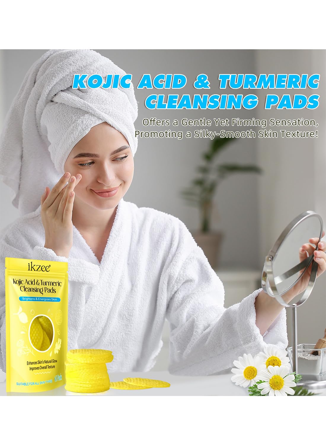 Turmeric Cleansing Pads, Kojic Acid & Turmeric Cleansing Pads, Enhances Skin's Natural Glow, Improves Overall Texture, Helps Balance Skin Oil & Water (60 Pads)