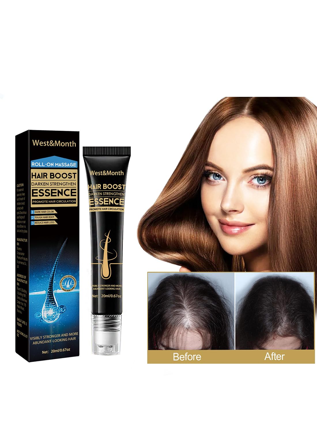 Hair Loss Treatment for Hair Growth, Anti Hair Loss Roll On Massage Hair Boost Essence, Darkens & Strengthens & Promotes Hair Circulation, Reduces Hair Loss, Restores Thin Hair 20ml