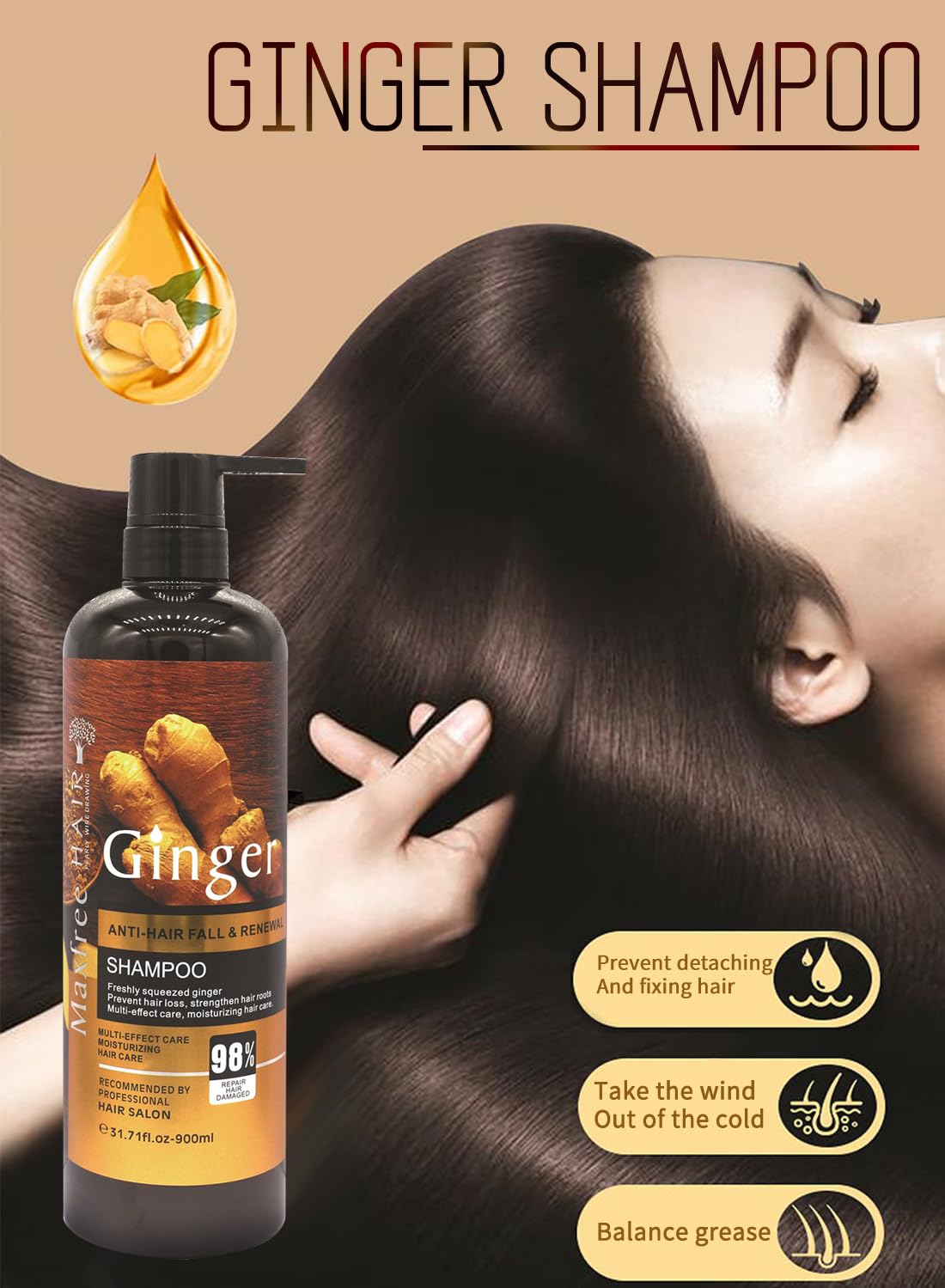 Shampoo with Ginger, Deep Cleansing Moisturizing Refreshing Oil Control Hair Loss Shampoo, Hair Growth Shampoo for Thinning Hair & Hair Loss, Hair Loss Treatment 900ml