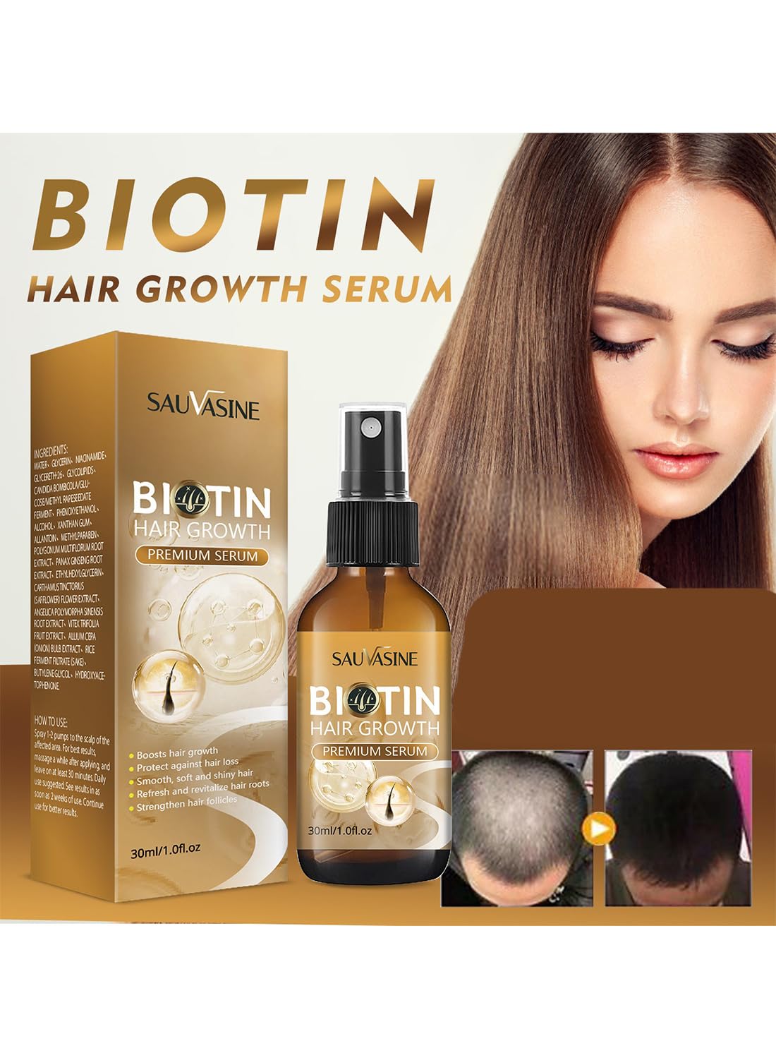 Biotin Hair Growth Serum, Premium Biotin Hair Growth Spray with Castor Oil, Hair Thickening Herbal Serum for Hair Growth, for Thicker Longer & Stronger Hair, Reduces Hair Loss 30ml