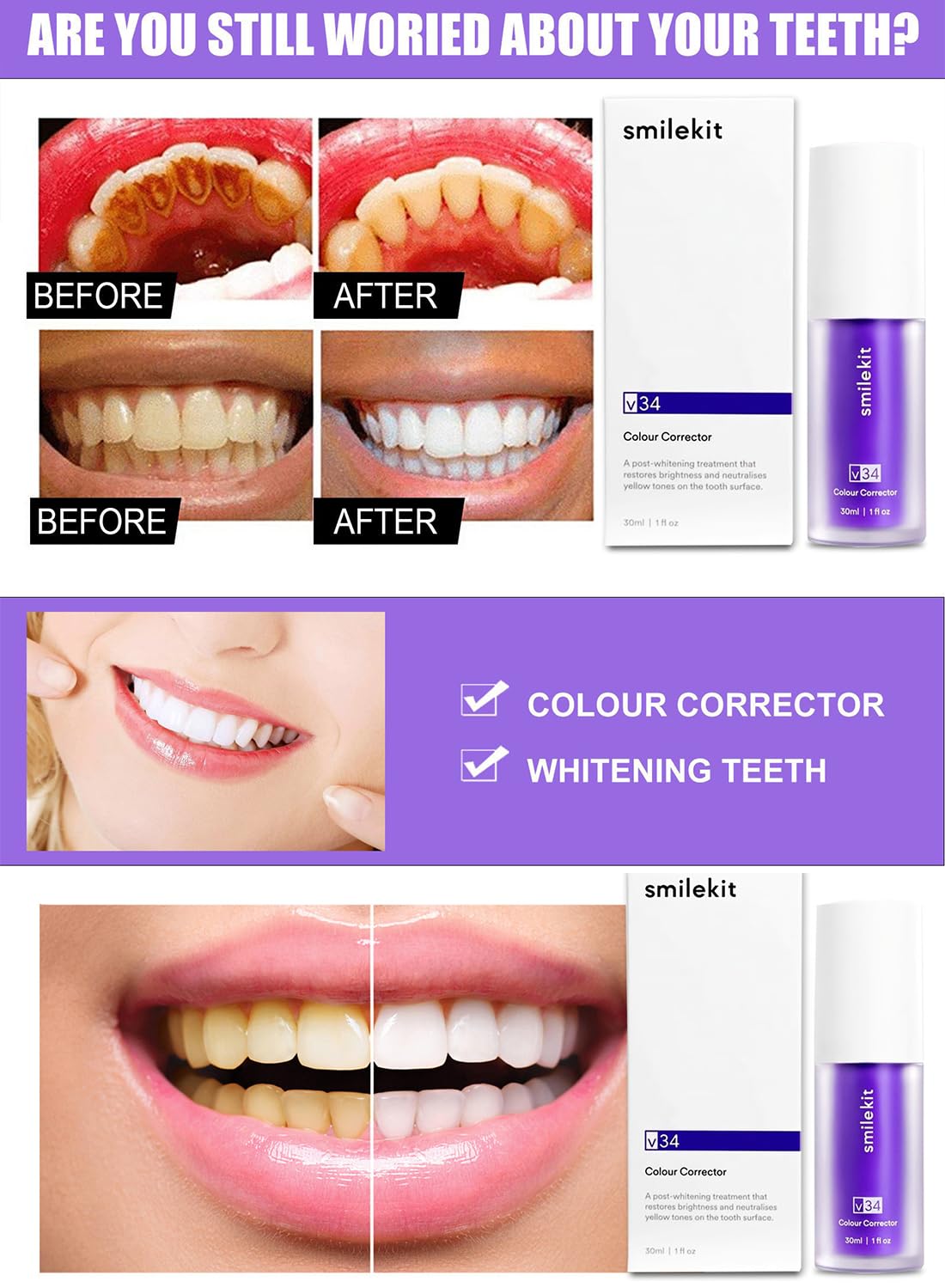 L&Wen Purple Toothpaste Teeth Whitening Booster Effective Fast Brighten Cleaning Tooth Colour Corrector to Remove Tooth Stains and Change Yellow Teeth for Sensitive Teeth 30ml