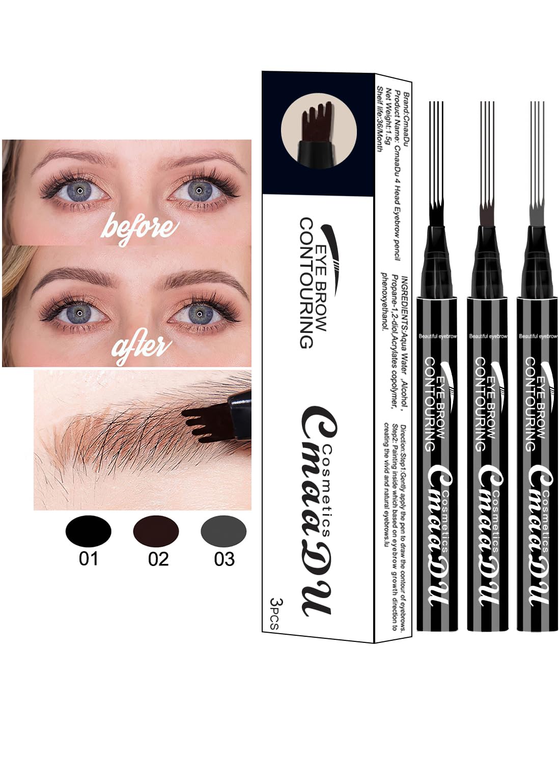 3 Pcs Liquid Eyebrow Pencil Set, Ultra-Fine Tip, Long Lasting Waterproof Smudge Proof Liquid Eyebrow Pencil, Daily Eye Brow Makeup