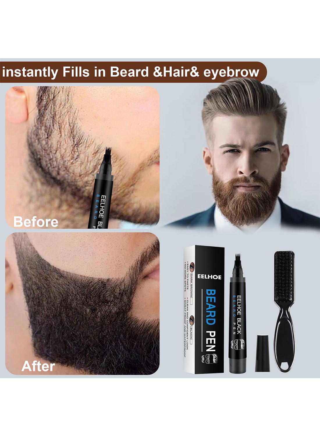 Beard Pen Kit with Brush, Beard Filler Pencil to Create Natural Black for Man