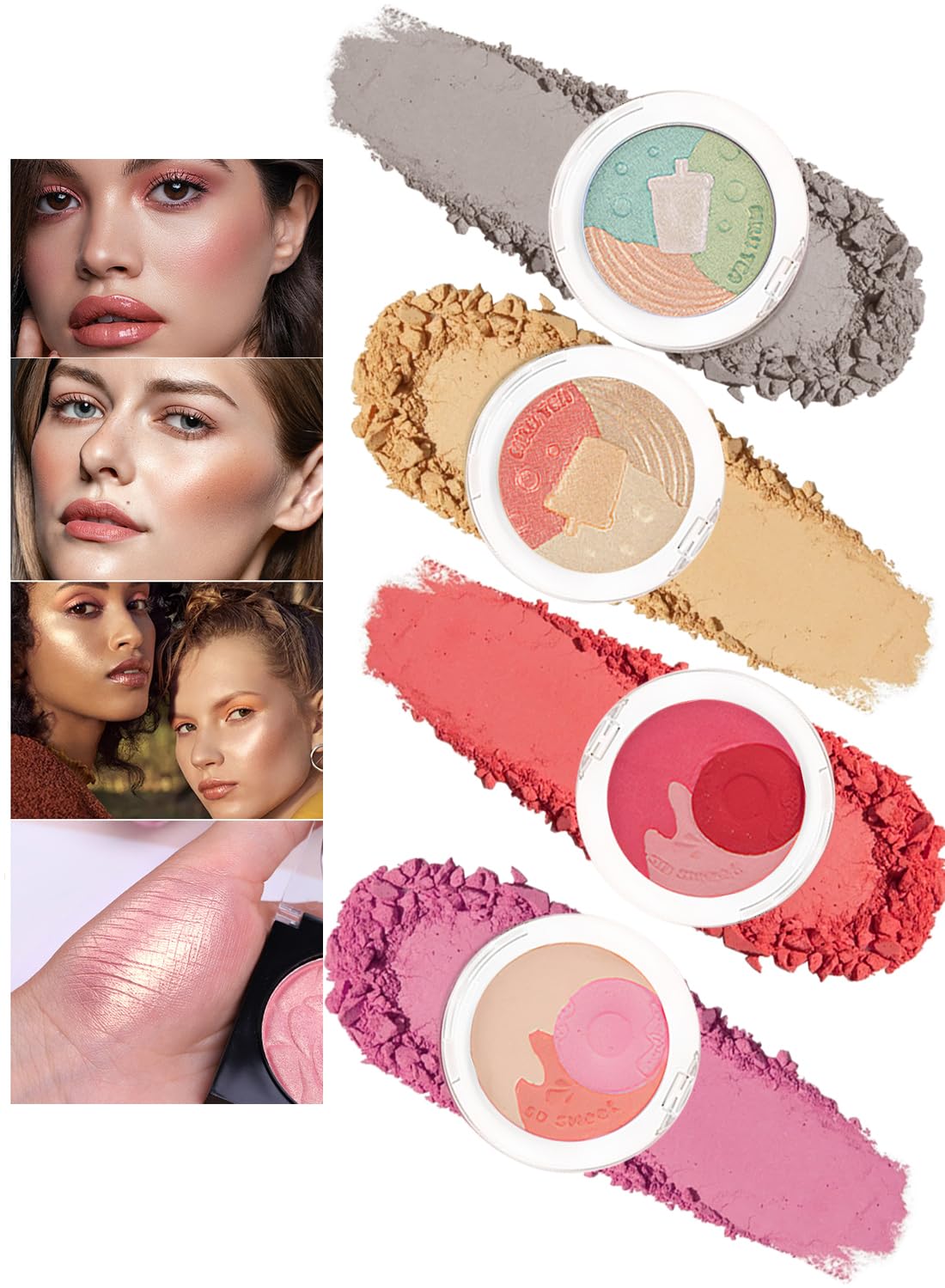 4 Pcs Multi-Colored Blush Powder Set, Long Lasting Contour and Highlighter Palette, Matte & Shimmer Finishes, Lightweight Makeup Gift Kit for Cheek and Eye