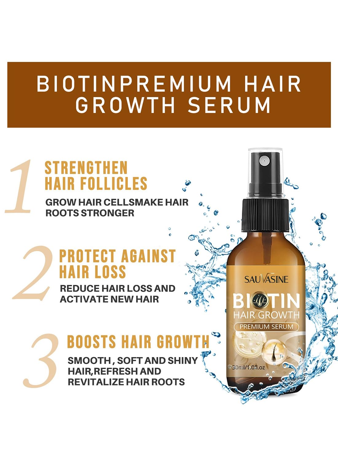 Biotin Hair Growth Serum, Premium Biotin Hair Growth Spray with Castor Oil, Hair Thickening Herbal Serum for Hair Growth, for Thicker Longer & Stronger Hair, Reduces Hair Loss 30ml