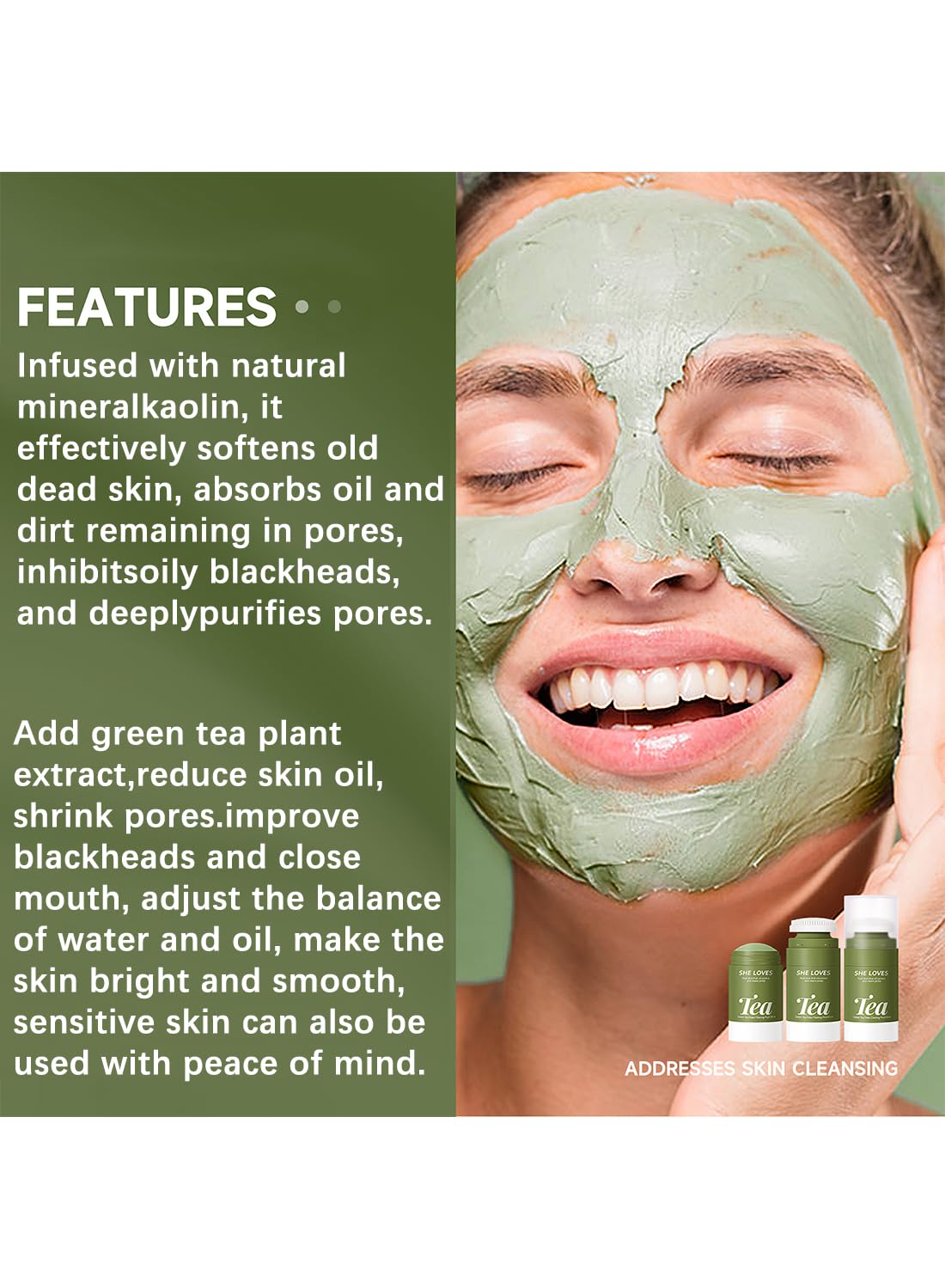 Green Tea Deep Clearing Mud Stick Oil Control Deep Cleansing Moisturizing Soft Easy to Remove Mild Face Cleansing to Clean Pores and Soften Cuticle 45g