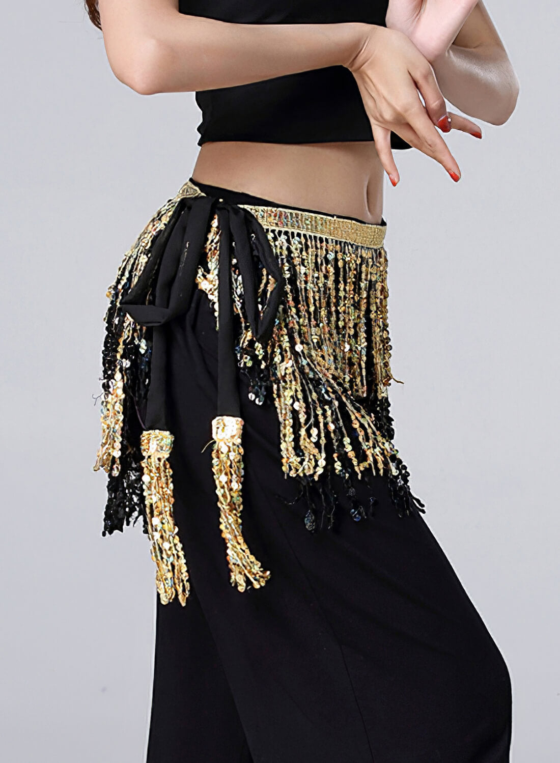 Belly Dance Hip Scarf with Four Layers of Sequined Tassels