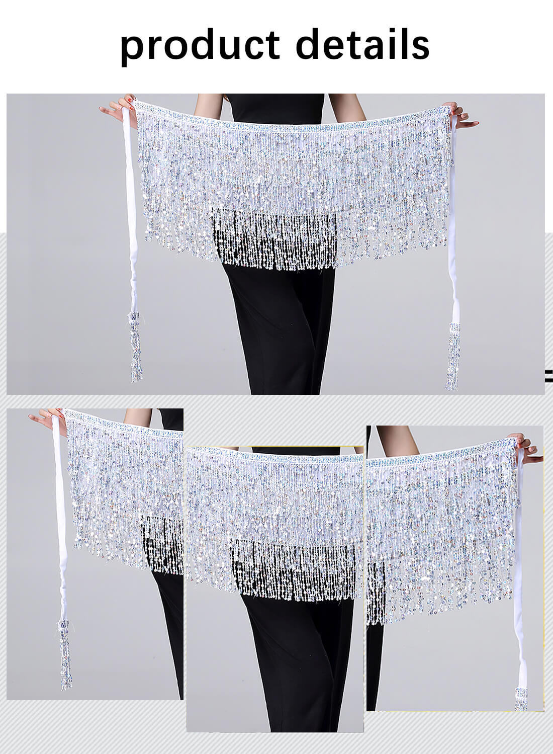 Belly Dance Hip Scarf with Four Layers of Sequined Tassels