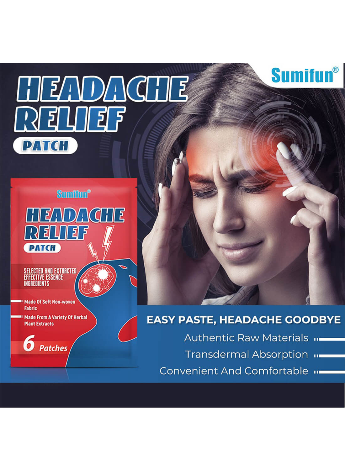 Headache Relief Patch for Body, Relieve Pain and Fatigue (6 Patches)