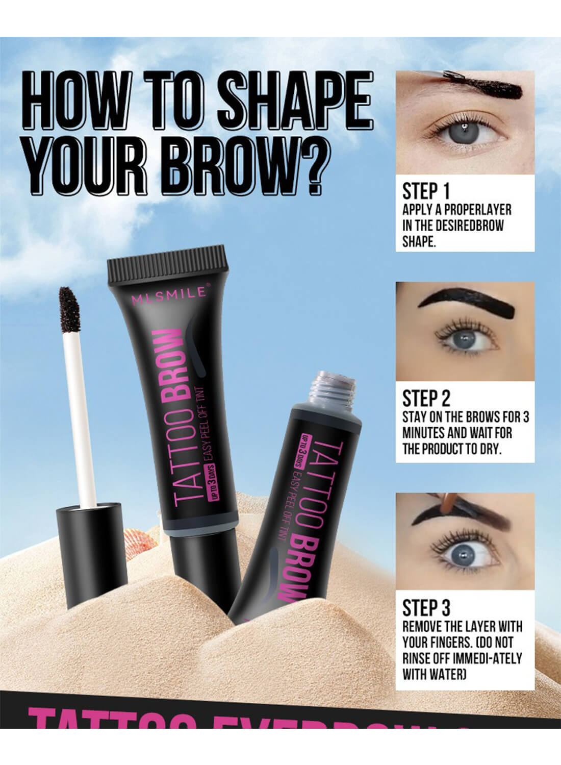 Peel Off Tattoo Eyebrow Gel, Semi Permanent Brow Tint, Last Up to 3 Days